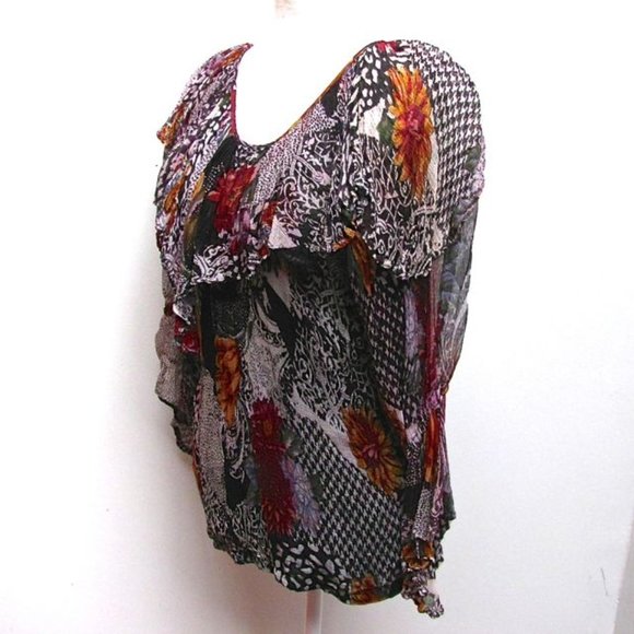 Vintage French Gear Boho Frilly Layered Blouse Floral Rayon Crepe  Size Small - Picture 4 of 10